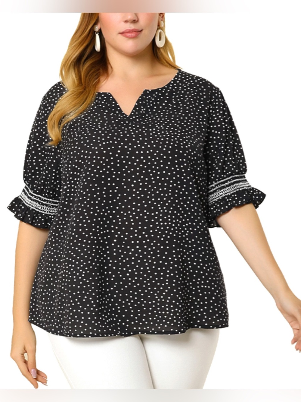 Polka Dot V-Notch Tunic with Ruffle Sleeves • NWT • 30" p2p, 30" length